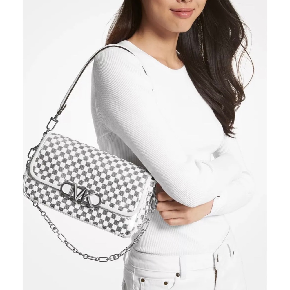 Rare Michael Kors Parker Optic White/Silver Sequins Chain Convert Medium Bag